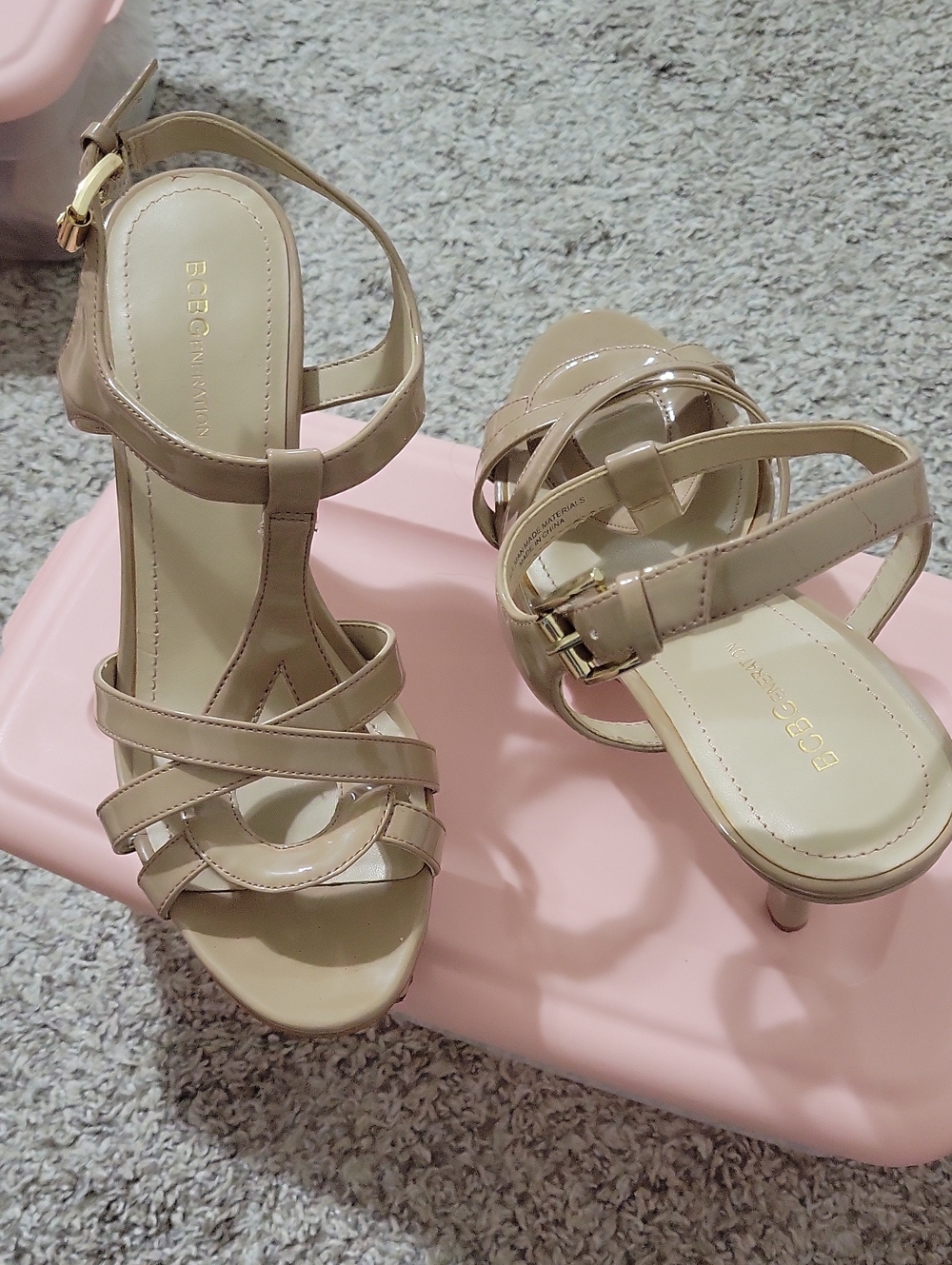 BCBG Beige Patent Strappy Kitten Heel Sandals